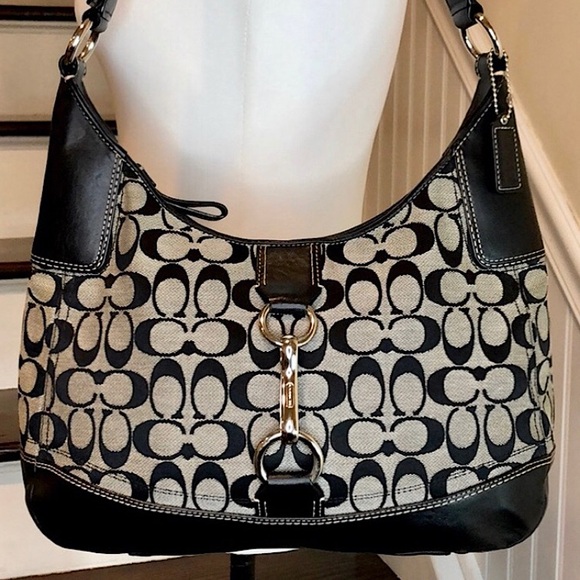 Vintage COACH Black Jacquard Signature C Top Zipper Hobo Shoulder Bag w Buckle - Picture 8 of 12